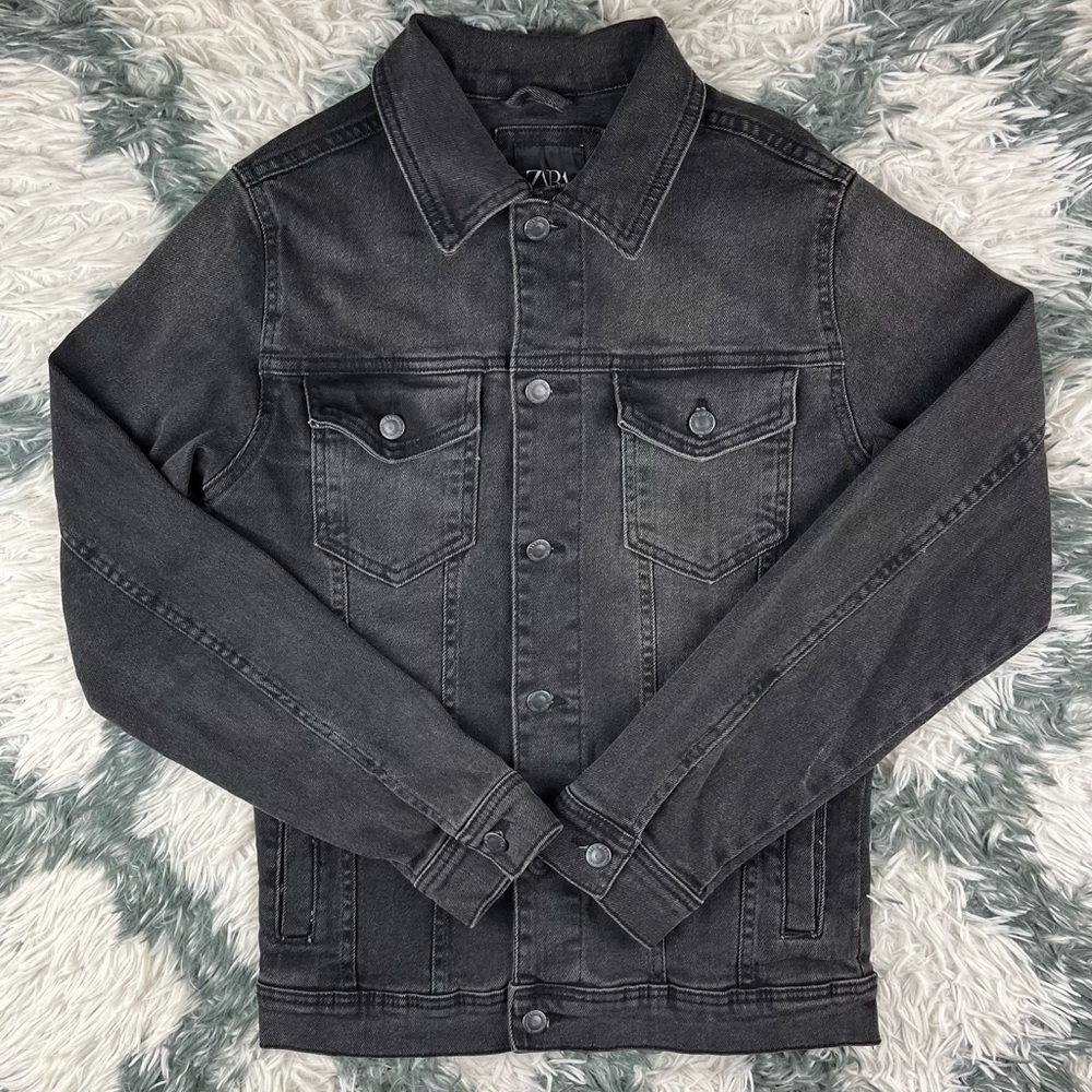 Zara Men's Washed Denim Jacket Size Small Button Front Black